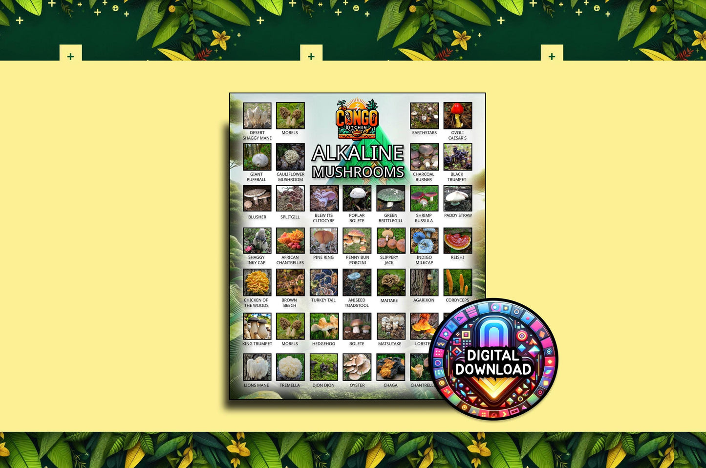 Alkaline Food, Alkaline Mushrooms List | Alkaline Vegan Electric MUSHROOM Food Chart Poster | List of Dr Sebi Approved Foods Digital Print