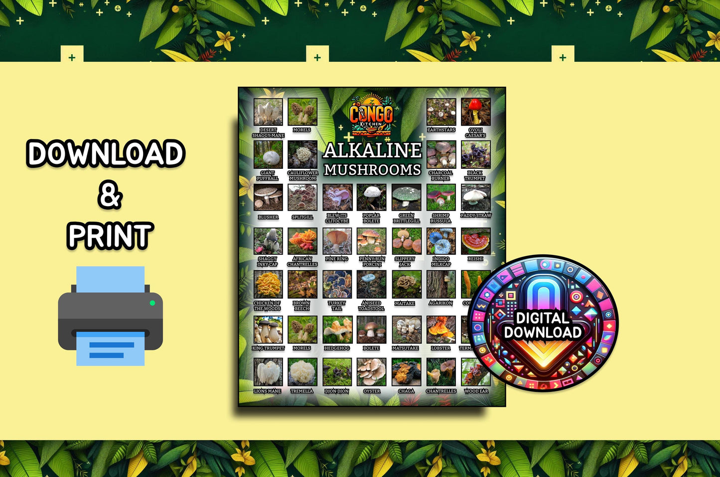 Alkaline Food, Alkaline Mushrooms List | Alkaline Vegan Electric MUSHROOM Food Chart Poster | List of Dr Sebi Approved Foods Digital Print