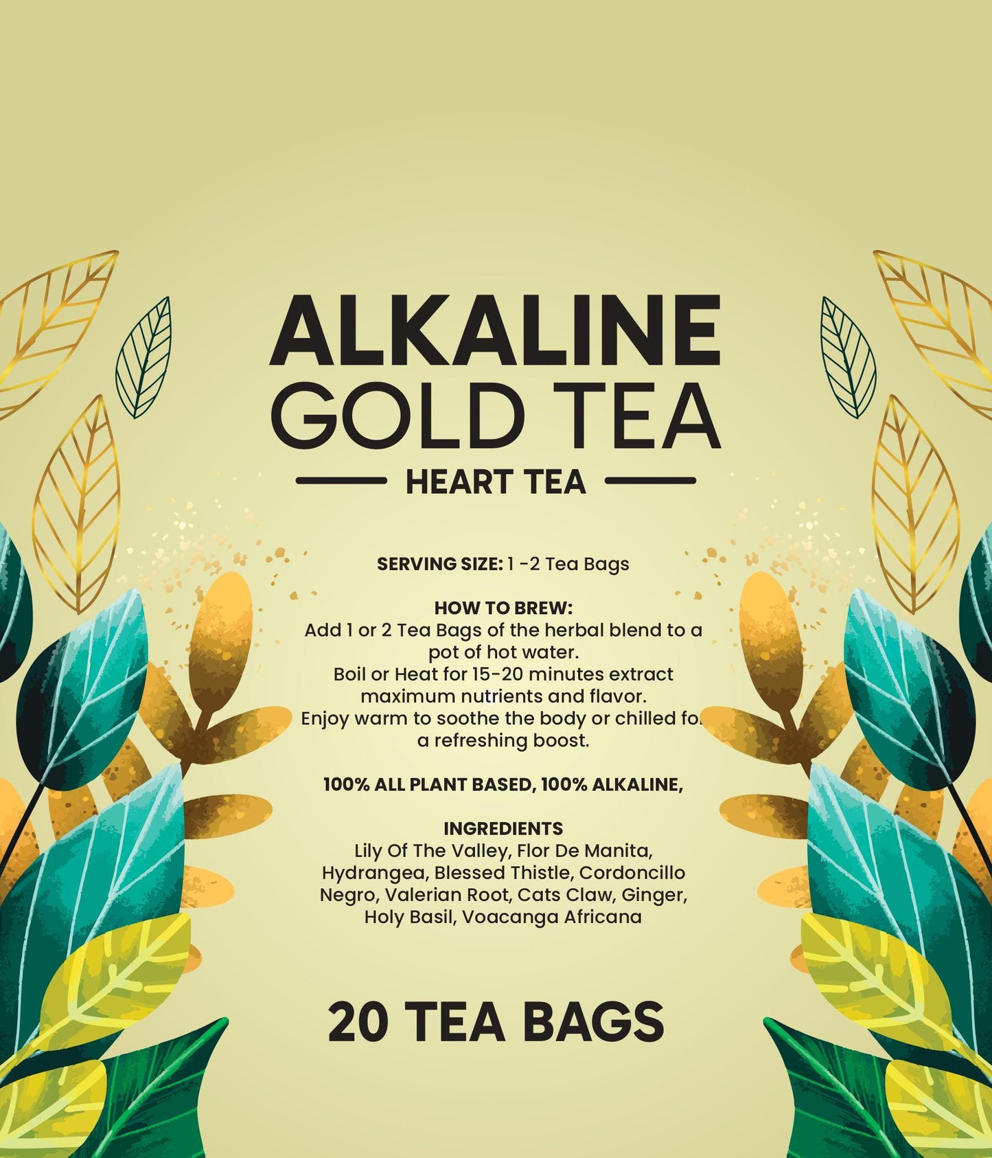 Premium Heart Tea | 100% Herbal Alkaline Gold Blend | Organic Vegan Dr Sebi Approved Herbs | Flor de Manita, Red Clover, Lily Of The Valley