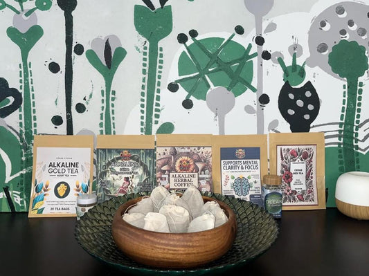 Premium Alkaline Tea Sampler Pack | 5-10 Tea Bags | 1-2 Tea bags of each Gold Heart, Copper Brain, Pain + Bone , Congo Red, Alkaline Coffee
