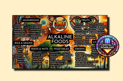 Alkaline Food List | Congo Kitchen Alkaline Vegan Electric Food Chart Poster | List of Dr Sebi Approved Food Digital Print | Multiple Styles